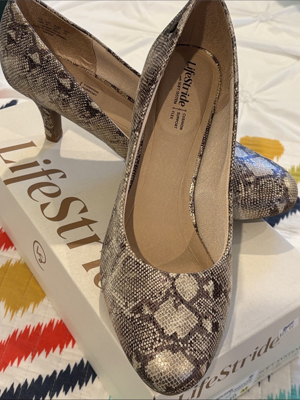 Life Stride Women's Snake-Print Pumps in Taupe and Cream
